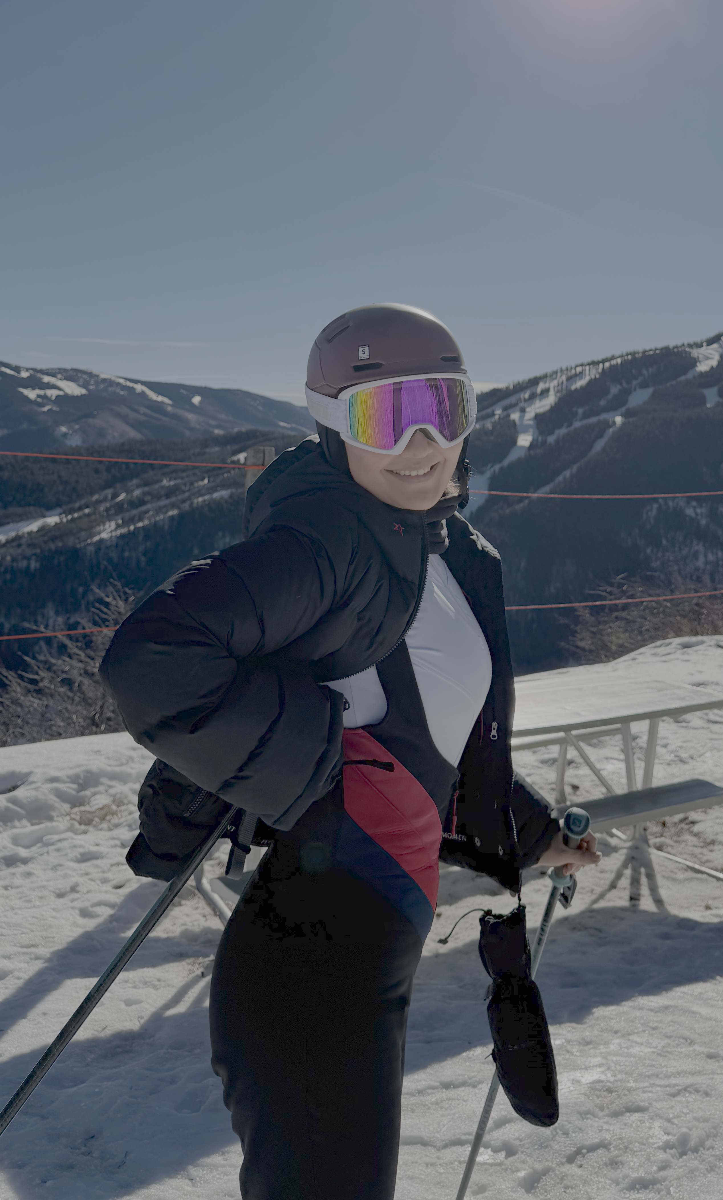 Model in gray Buttermilk Suit on the mountain